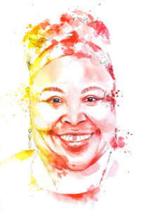 Aquarellportrait von Loretta J. Ross in gelb bis rot