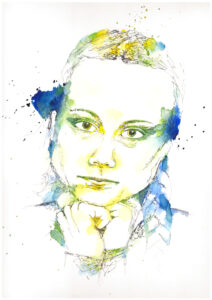 Aquarellportrait von Greta Thunberg in gelb, grün und blau